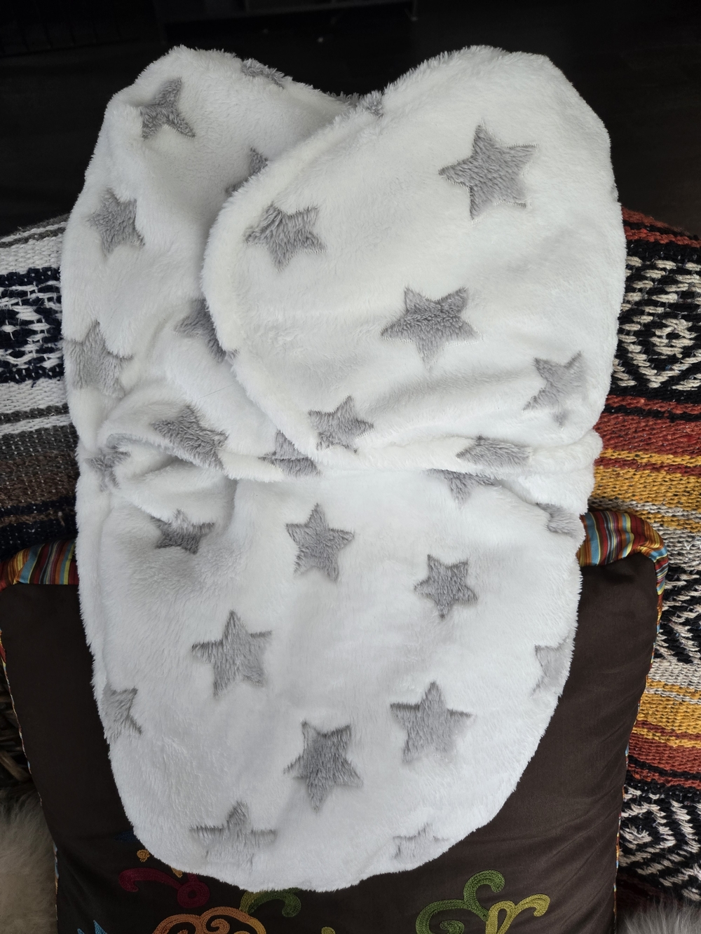 Plush Blankets & Beyond Baby Swaddle Sack - Grey Stars on White